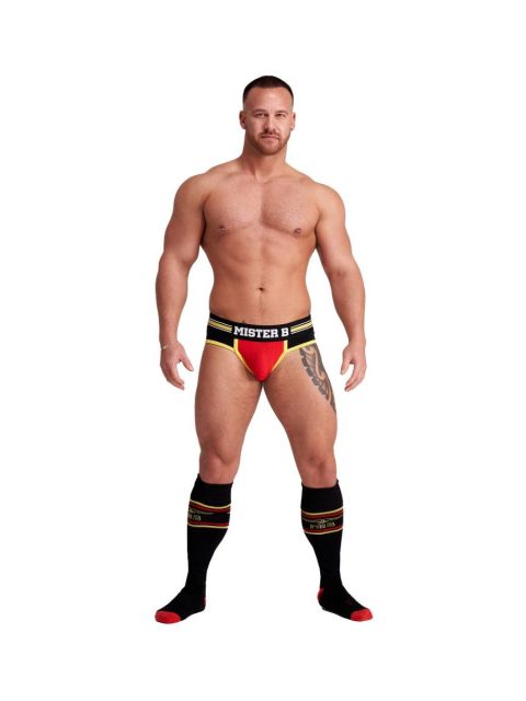 the Frankfurt Brief is made of nylon, cotton, and elastane with the famous Mister B logo on the front. It features an inner pouch that pushes up and out your parts