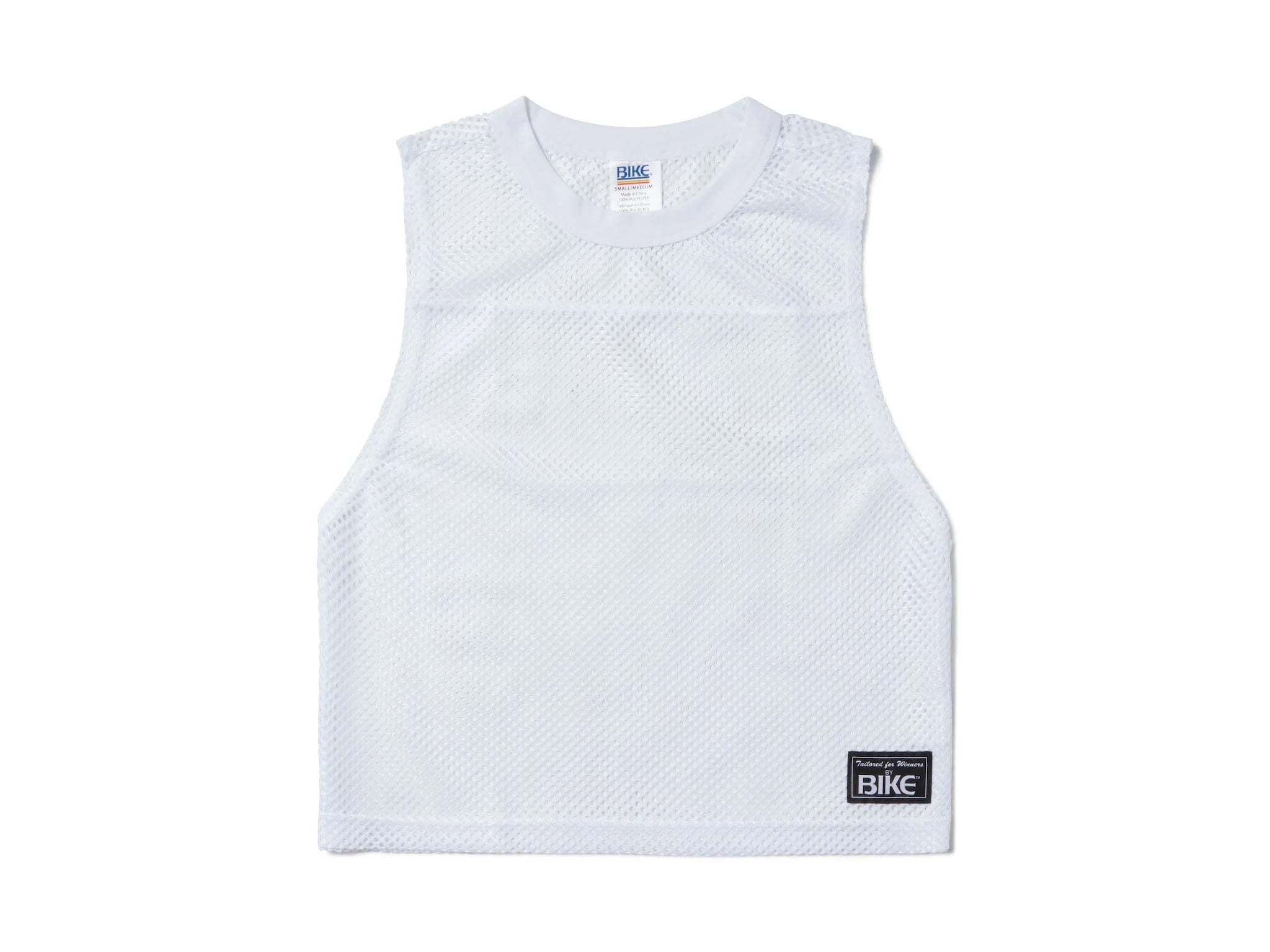 White retro-inspired, sleeveless crop football jersey made of mesh