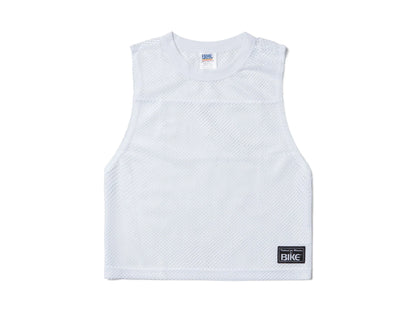 White retro-inspired, sleeveless crop football jersey made of mesh