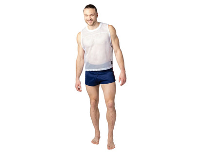 White retro-inspired, sleeveless crop football jersey made of mesh