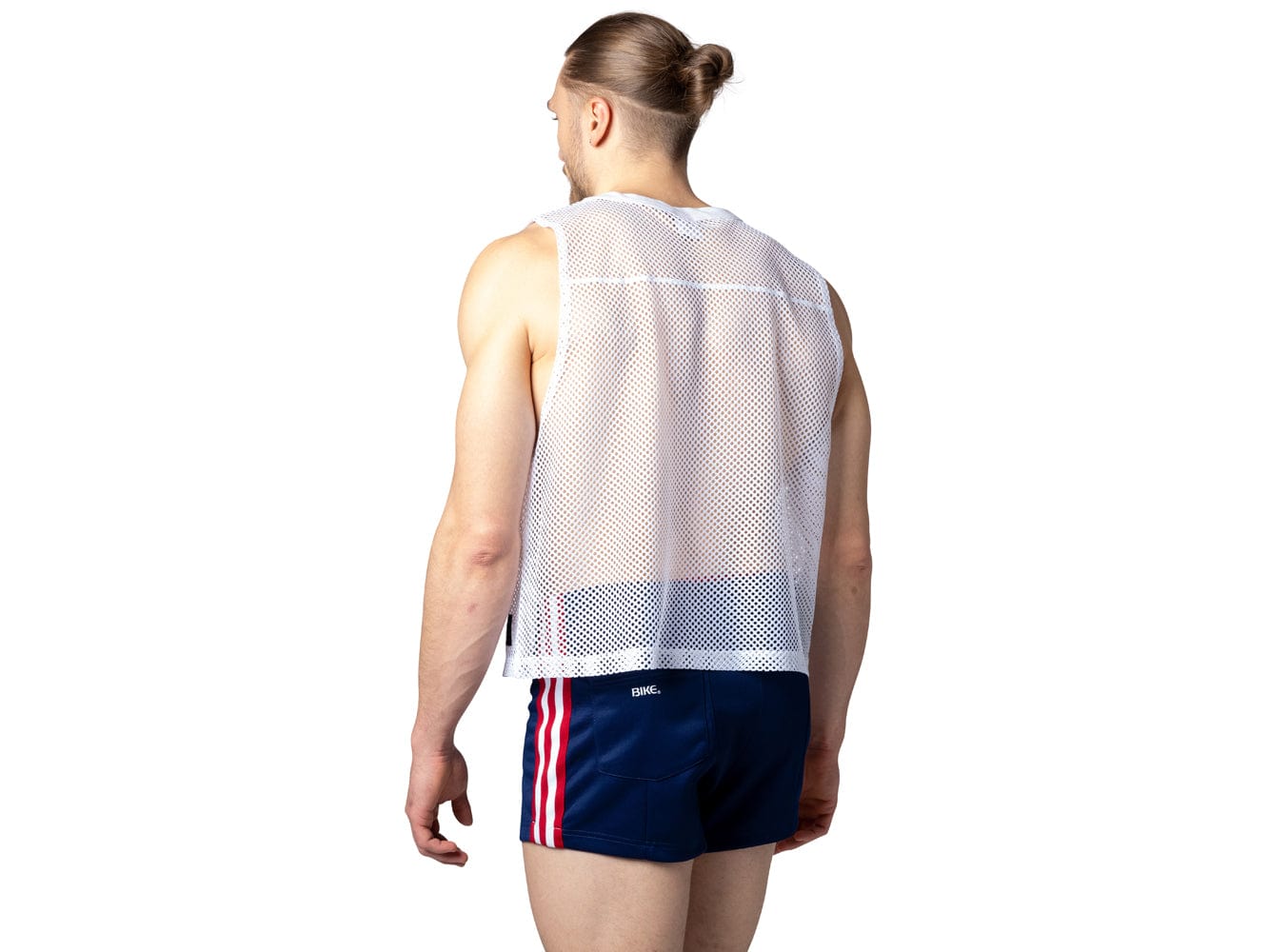 White retro-inspired, sleeveless crop football jersey made of mesh