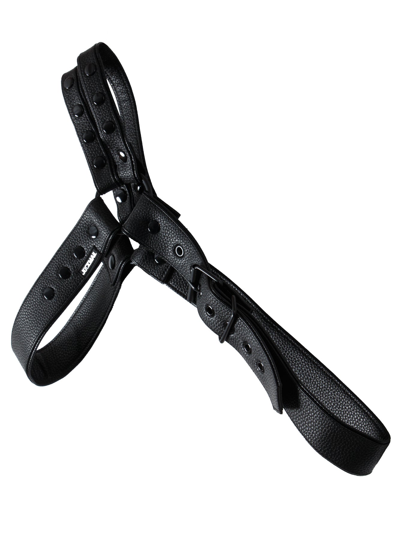 Black Adjustable Leather Shoulder Harness made of premium leather material with adjustable buckles for fit, and snaps that allow the two shoulder pieces to be adjusted or removed.  