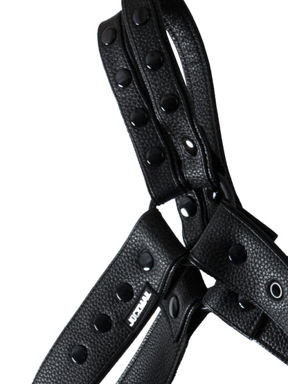 Black Adjustable Leather Shoulder Harness made of premium leather material with adjustable buckles for fit, and snaps that allow the two shoulder pieces to be adjusted or removed.  