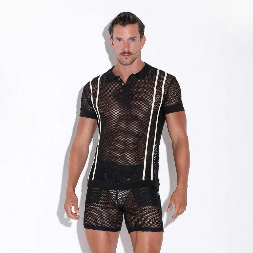 Men's fetish  sheer mesh black polo t-shirt