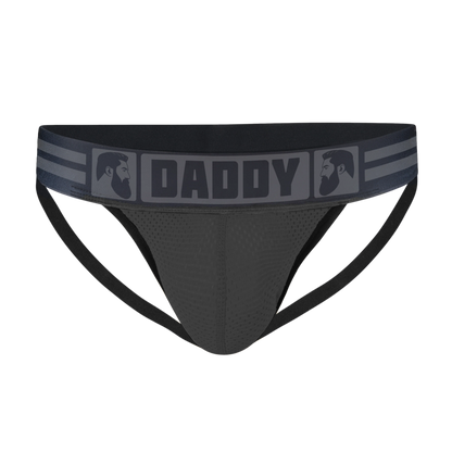Gruff Pup's Daddy Air Jock has a sheer mesh pouch, bulge boost inner enhancing pouch, and says "Daddy" on the thick, comfortable, black band. 