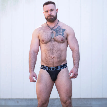 Gruff Pup's Daddy Air Jock has a sheer mesh pouch, bulge boost inner enhancing pouch, and says "Daddy" on the thick, comfortable, black band. 
