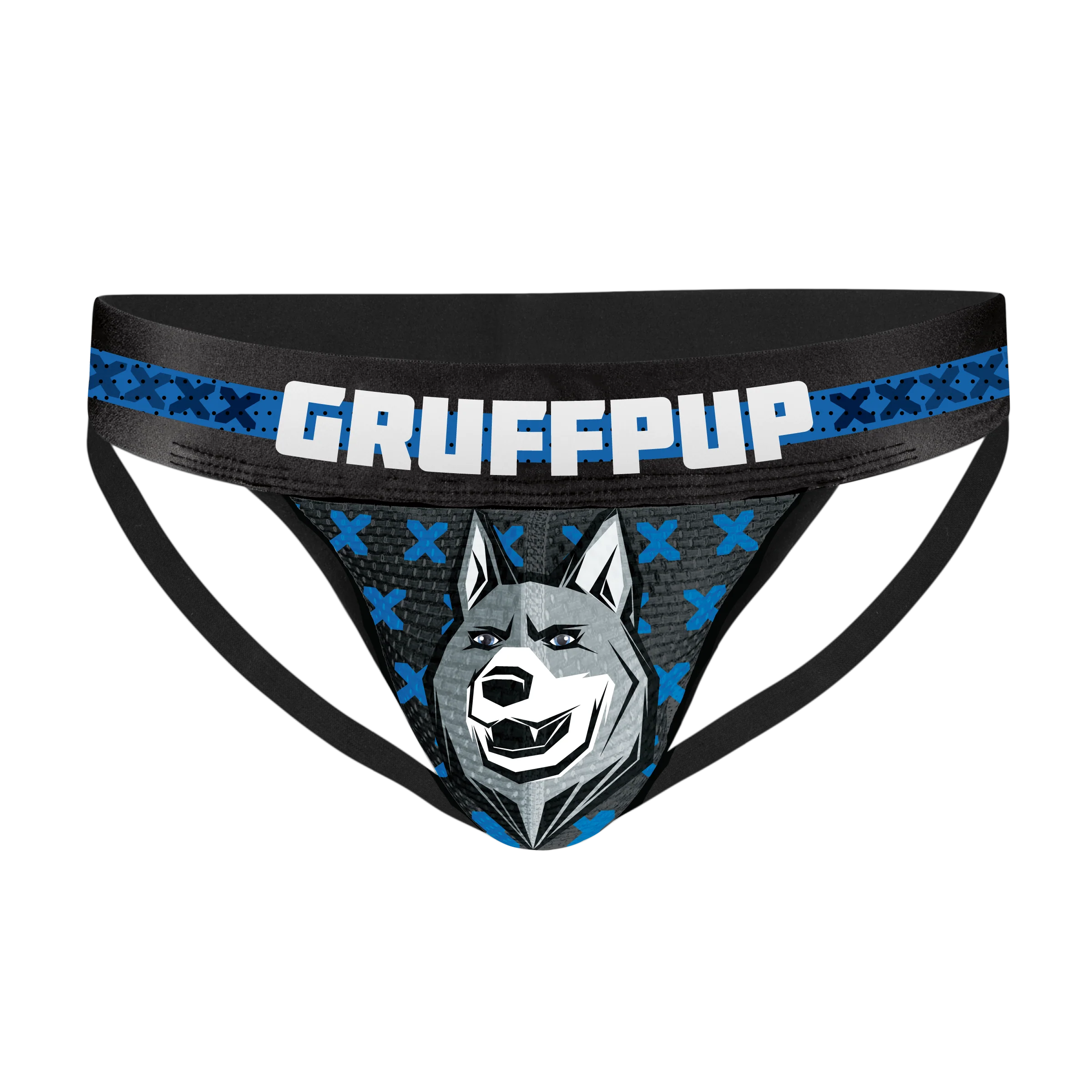 Gay men's pup jockstrap in blue and black