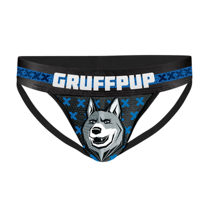 Gay men's pup jockstrap in blue and black