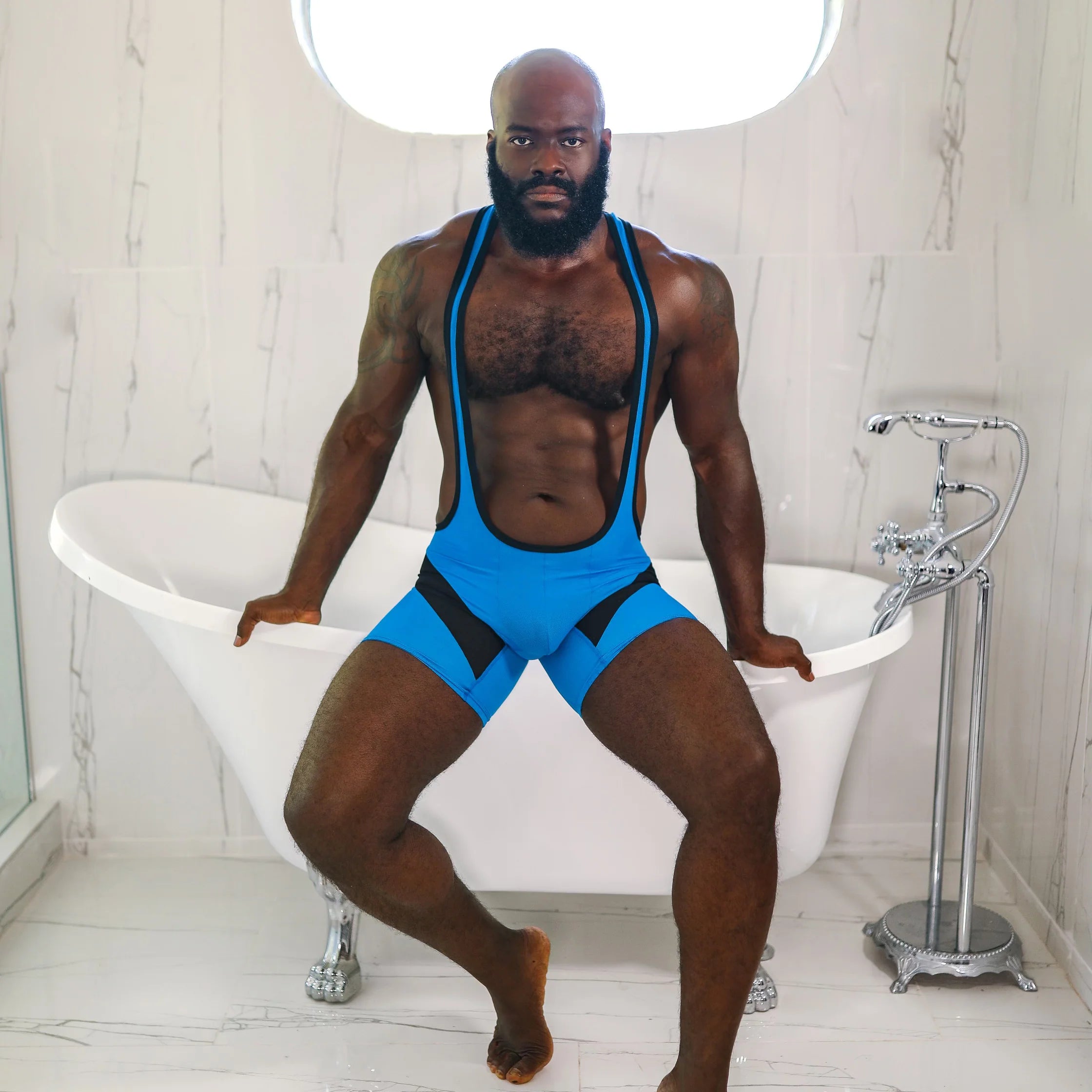 Blue and black men's fetish singlet