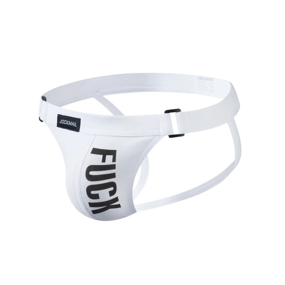 White jockstrap with thin waistband that includes metal connectors and Jockmail logo.  Soft pouch includes large font Fuck. 