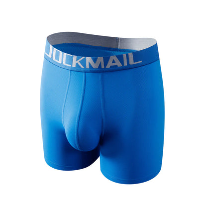 Long leg sport mesh boxer engineered with a mesh inner pouch and side panels and made of stretch nylon.