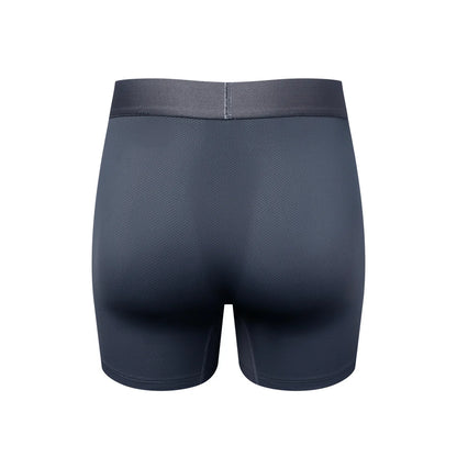 Long leg sport mesh boxer engineered with a mesh inner pouch and side panels and made of stretch nylon.