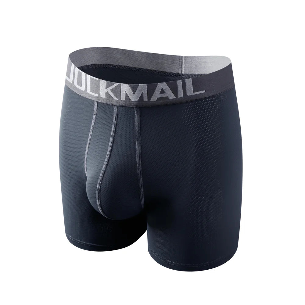 Long leg sport mesh boxer engineered with a mesh inner pouch and side panels and made of stretch nylon.