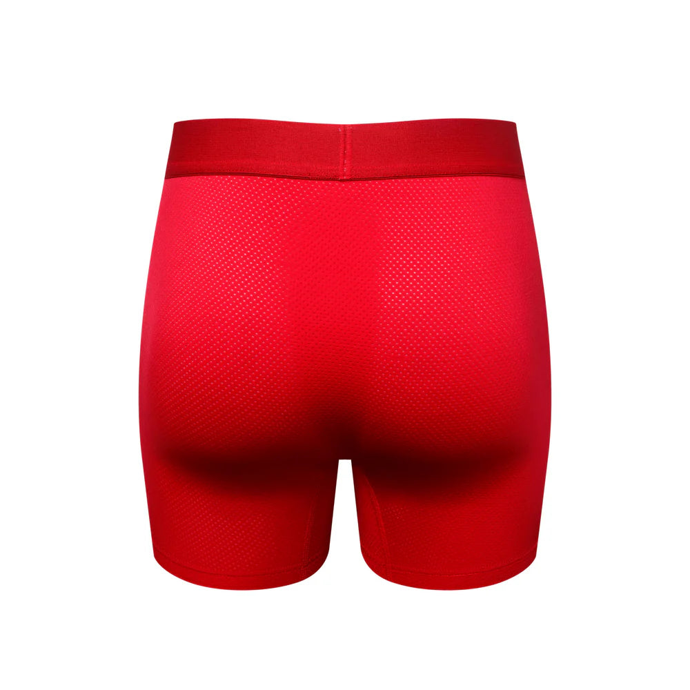 Long leg sport mesh boxer engineered with a mesh inner pouch and side panels and made of stretch nylon.