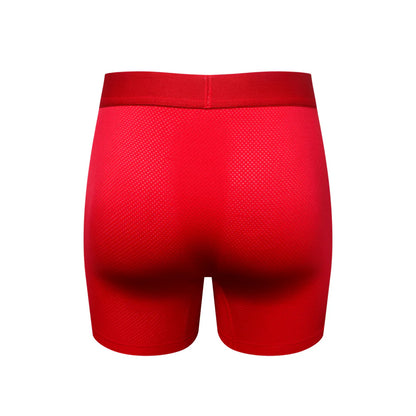 Long leg sport mesh boxer engineered with a mesh inner pouch and side panels and made of stretch nylon.