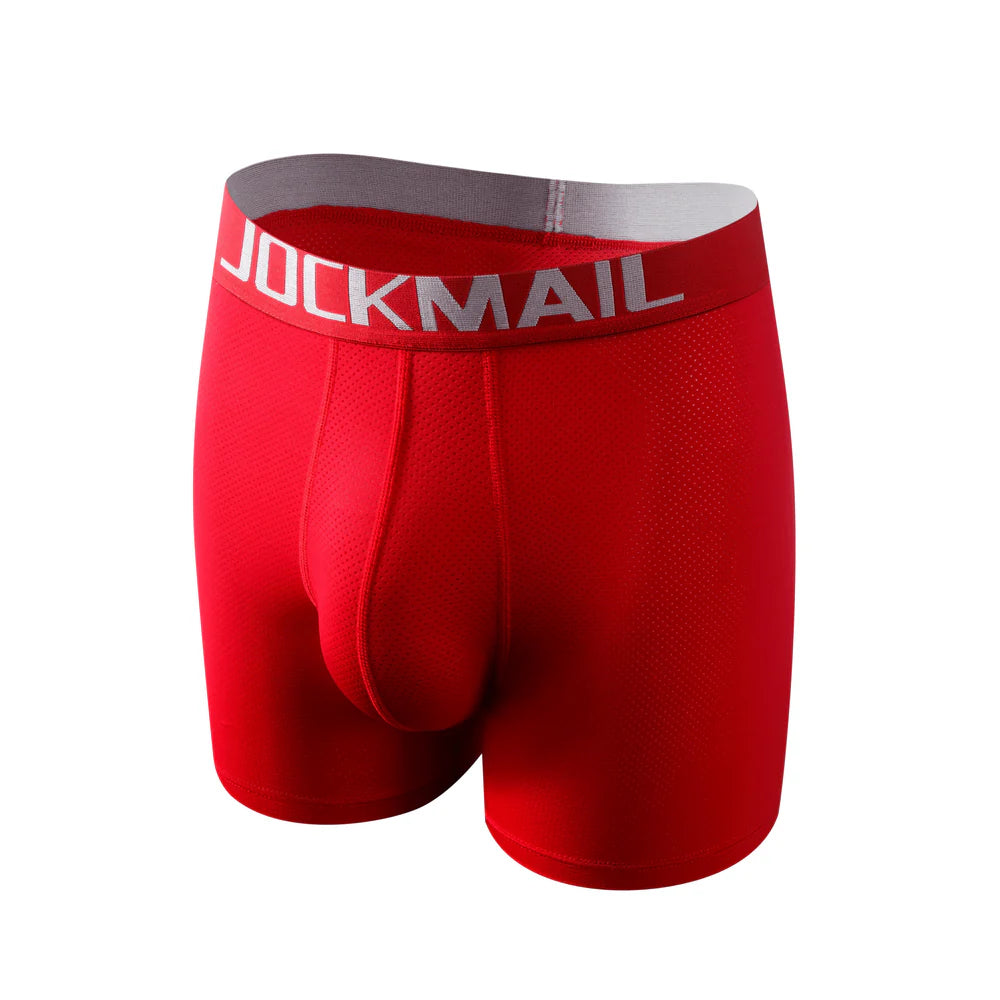 Long leg sport mesh boxer engineered with a mesh inner pouch and side panels and made of stretch nylon.