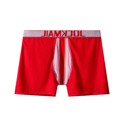 Long leg sport mesh boxer engineered with a mesh inner pouch and side panels and made of stretch nylon.