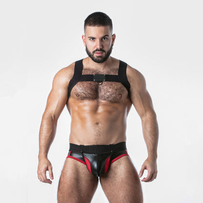 Gay men's black body strap harness