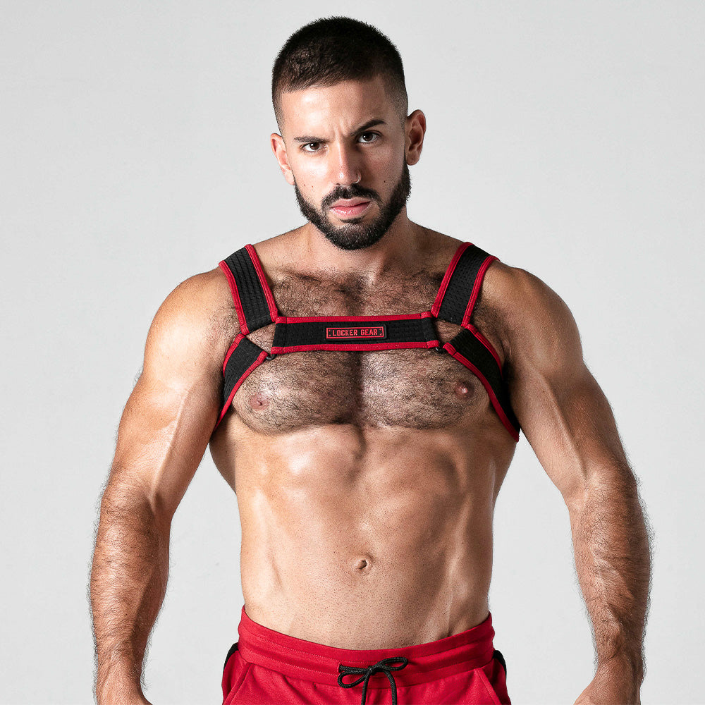 Men's fetish gear - Red and black mesh harness 