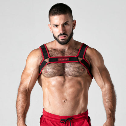 Men's fetish gear - Red and black mesh harness 