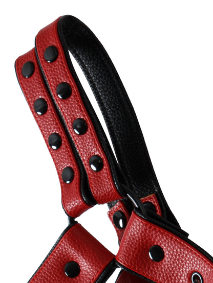 Red Adjustable Leather Shoulder Harness made of premium leather material with adjustable buckles for fit, and snaps that allow the two shoulder pieces to be adjusted or removed.  