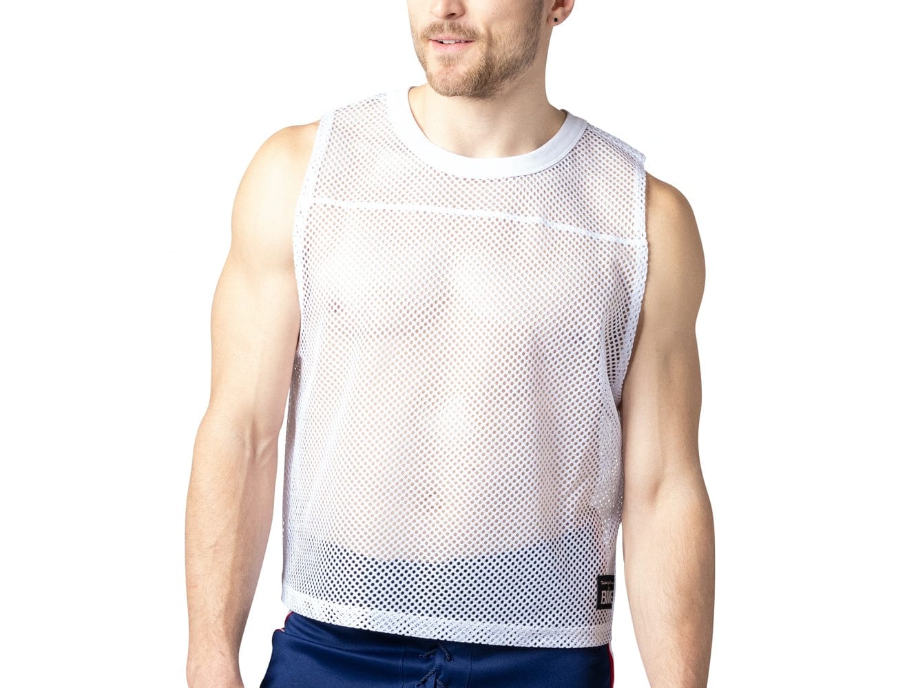 White retro-inspired, sleeveless crop football jersey made of mesh