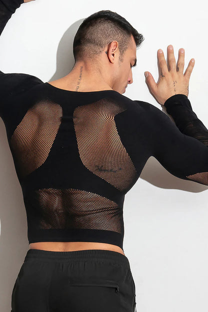 High-stretch, open long sleeve shirt.  Made of supportive stretch compression, lightweight and breathable knit. Available in blue or black.