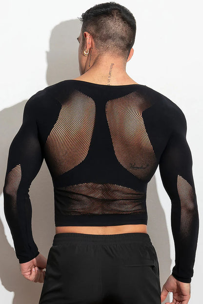 High-stretch, open long sleeve shirt.  Made of supportive stretch compression, lightweight and breathable knit. Available in blue or black.