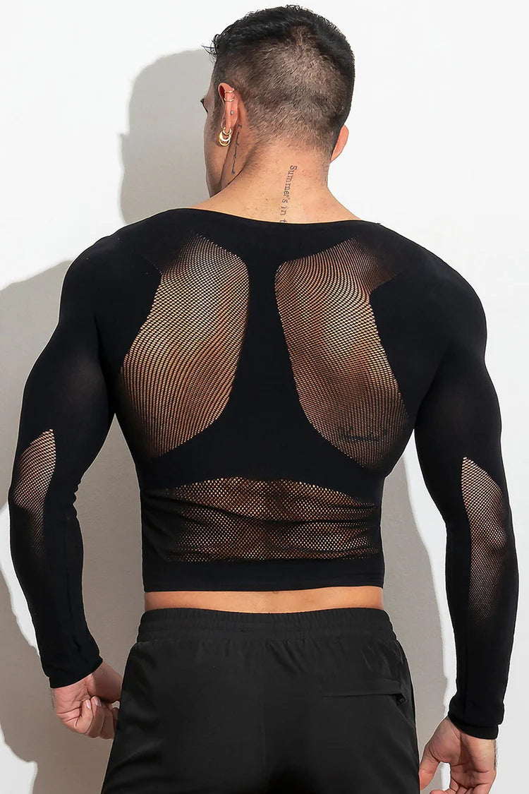 High-stretch, open long sleeve shirt.  Made of supportive stretch compression, lightweight and breathable knit. Available in blue or black.