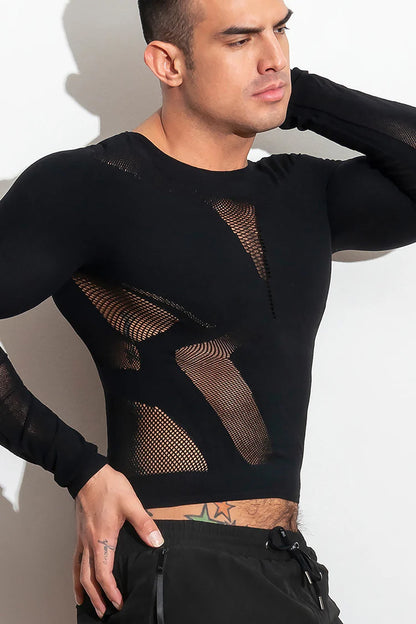High-stretch, open long sleeve shirt.  Made of supportive stretch compression, lightweight and breathable knit. Available in blue or black.