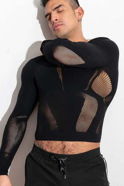 High-stretch, open long sleeve shirt.  Made of supportive stretch compression, lightweight and breathable knit. Available in blue or black.