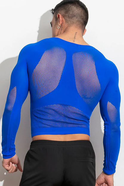 High-stretch, open long sleeve shirt.  Made of supportive stretch compression, lightweight and breathable knit. Available in blue or black.