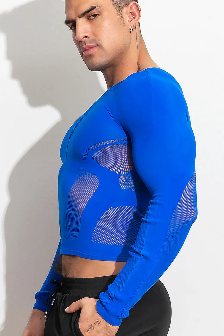 High-stretch, open long sleeve shirt.  Made of supportive stretch compression, lightweight and breathable knit. Available in blue or black.