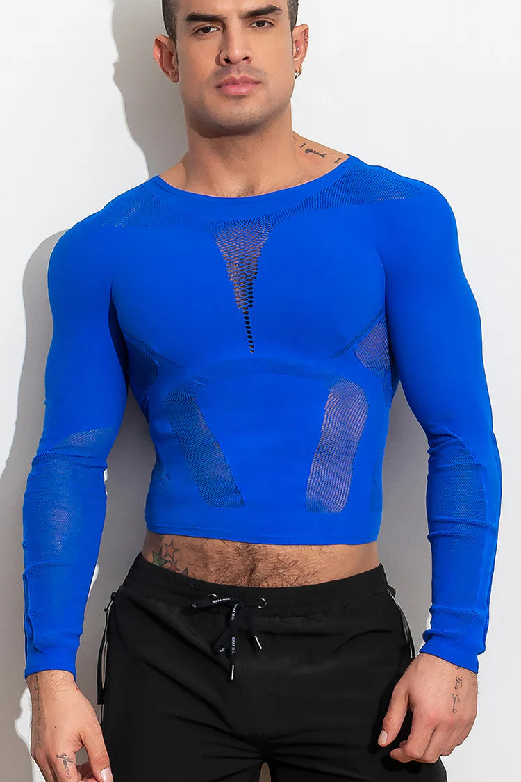High-stretch, open long sleeve shirt.  Made of supportive stretch compression, lightweight and breathable knit. Available in blue or black.