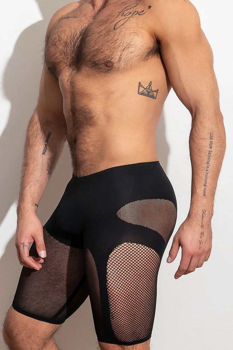 High-stretch, open knit shorts that highlight thighs and glutes.  They are supportive stretch compression, lightweight and breathable. Available in blue or black.