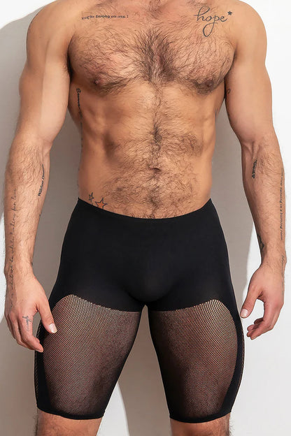 High-stretch, open knit shorts that highlight thighs and glutes.  They are supportive stretch compression, lightweight and breathable. Available in blue or black.
