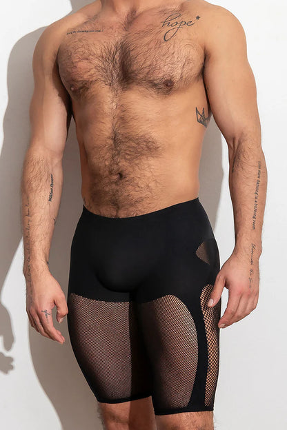 High-stretch, open knit shorts that highlight thighs and glutes.  They are supportive stretch compression, lightweight and breathable. Available in blue or black.
