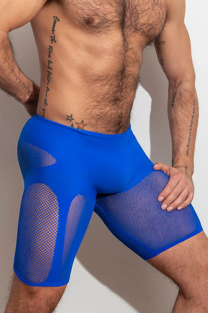 High-stretch, open knit shorts that highlight thighs and glutes.  They are supportive stretch compression, lightweight and breathable. Available in blue or black.