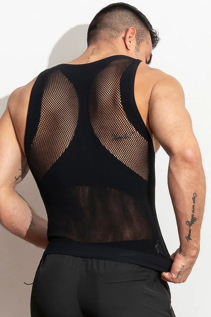 High-stretch, open tank top.  Made of supportive stretch compression, lightweight and breathable knit. Available in blue or black.