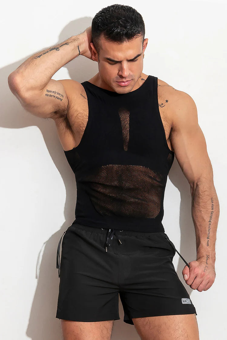 High-stretch, open tank top.  Made of supportive stretch compression, lightweight and breathable knit. Available in blue or black.