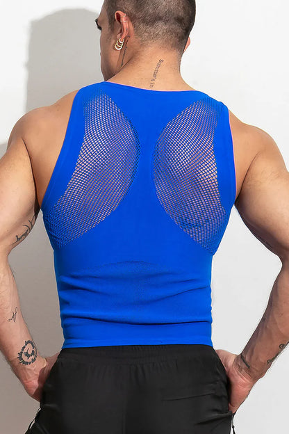 High-stretch, open tank top.  Made of supportive stretch compression, lightweight and breathable knit. Available in blue or black.