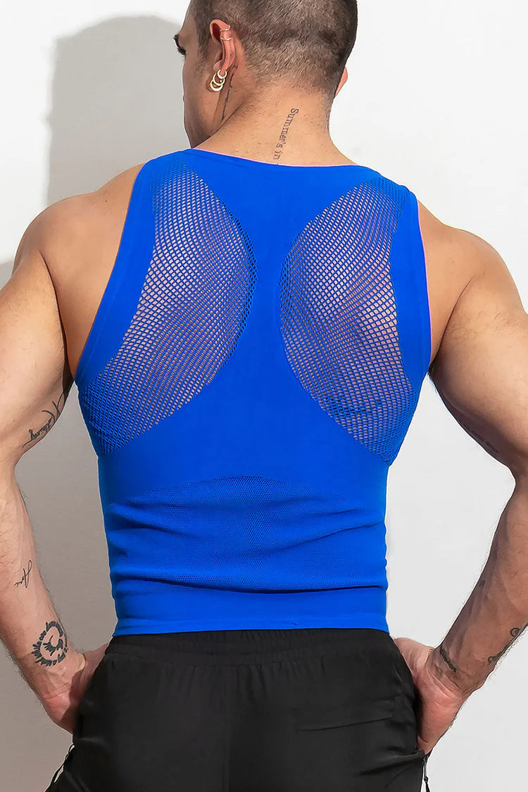 High-stretch, open tank top.  Made of supportive stretch compression, lightweight and breathable knit. Available in blue or black.