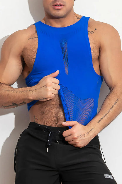 High-stretch, open tank top.  Made of supportive stretch compression, lightweight and breathable knit. Available in blue or black.