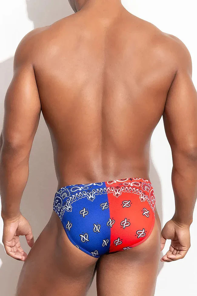 These low-rise cut briefs made of polyester and have an eye-catching red and blue paisley pattern.