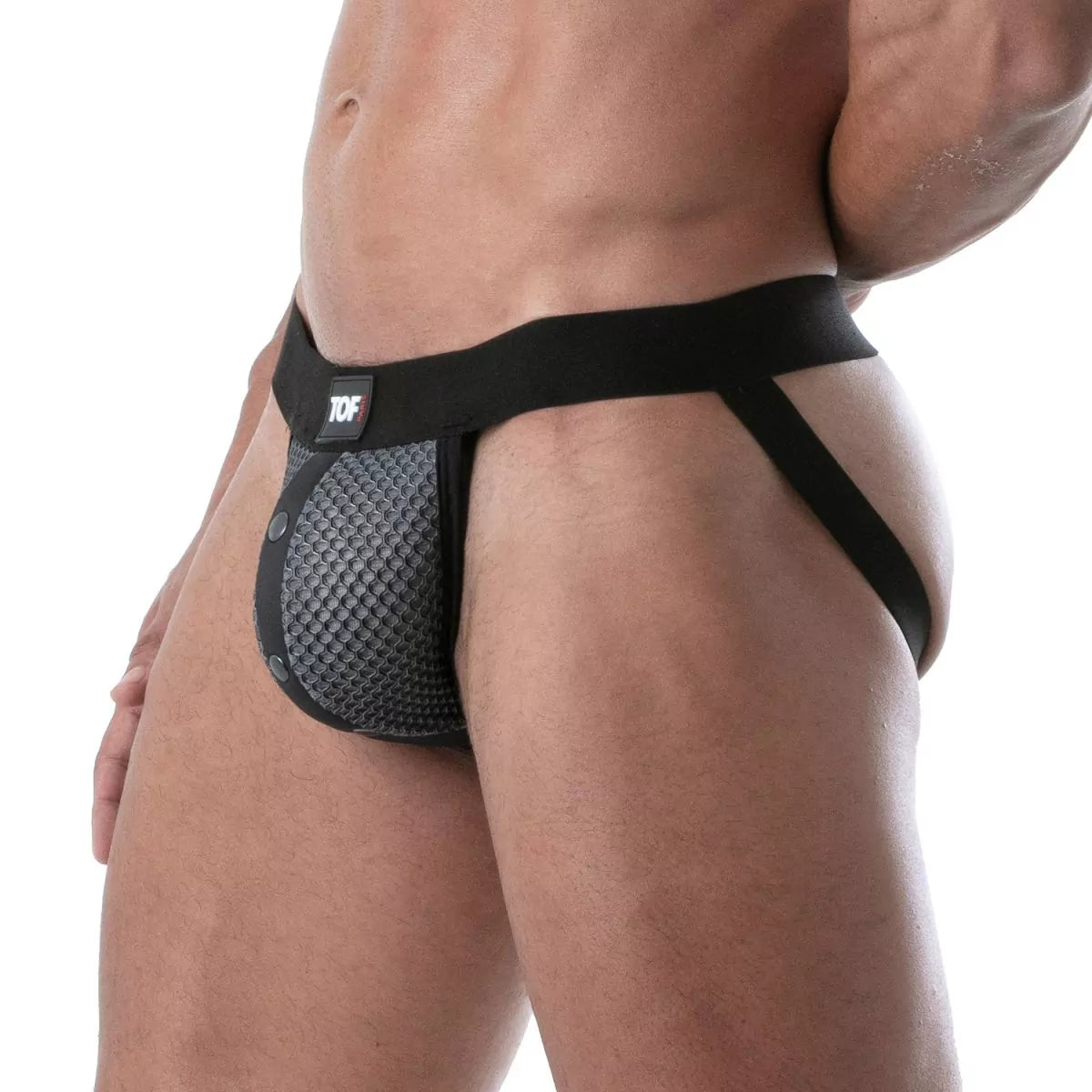 Black and gray snap jockstrap made from breathable 3D mesh.  This jockstrap has a fitted front pocket that snaps in place.