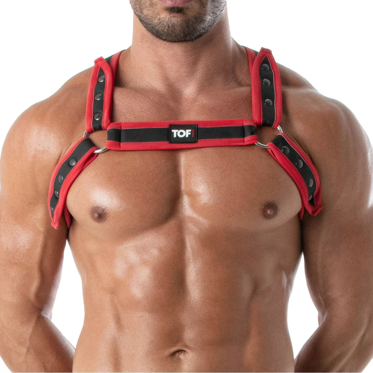 TOF's mens red and black neoprene bulldog harness with an adjustable H-shaped. This harness features reflective strips, snaps and a Zamac ring.