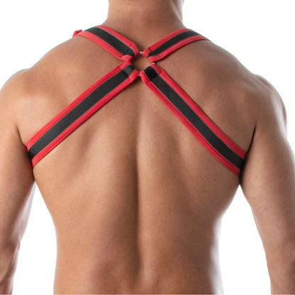 TOF's mens red and black neoprene bulldog harness with an adjustable H-shaped. This harness features reflective strips, snaps and a Zamac ring.