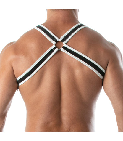 TOF's mens white and black neoprene bulldog harness with an adjustable H-shaped. This harness features reflective strips, snaps and a Zamac ring.