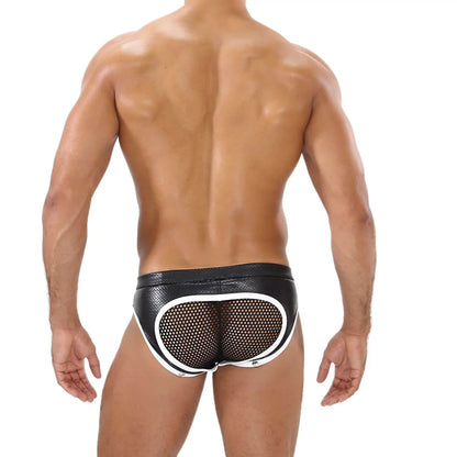 Sexy men's zippered front open bottom black brief made of a mix of imitation leather and mesh, and have a snappable bottom covering.