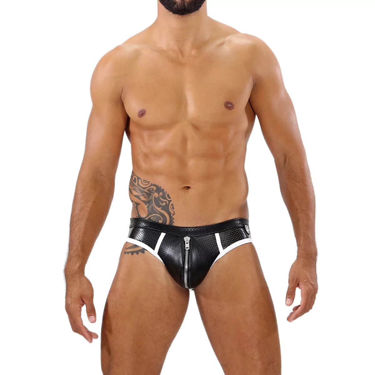 Sexy men's zippered front open bottom black brief made of a mix of imitation leather and mesh, and have a snappable bottom covering.
